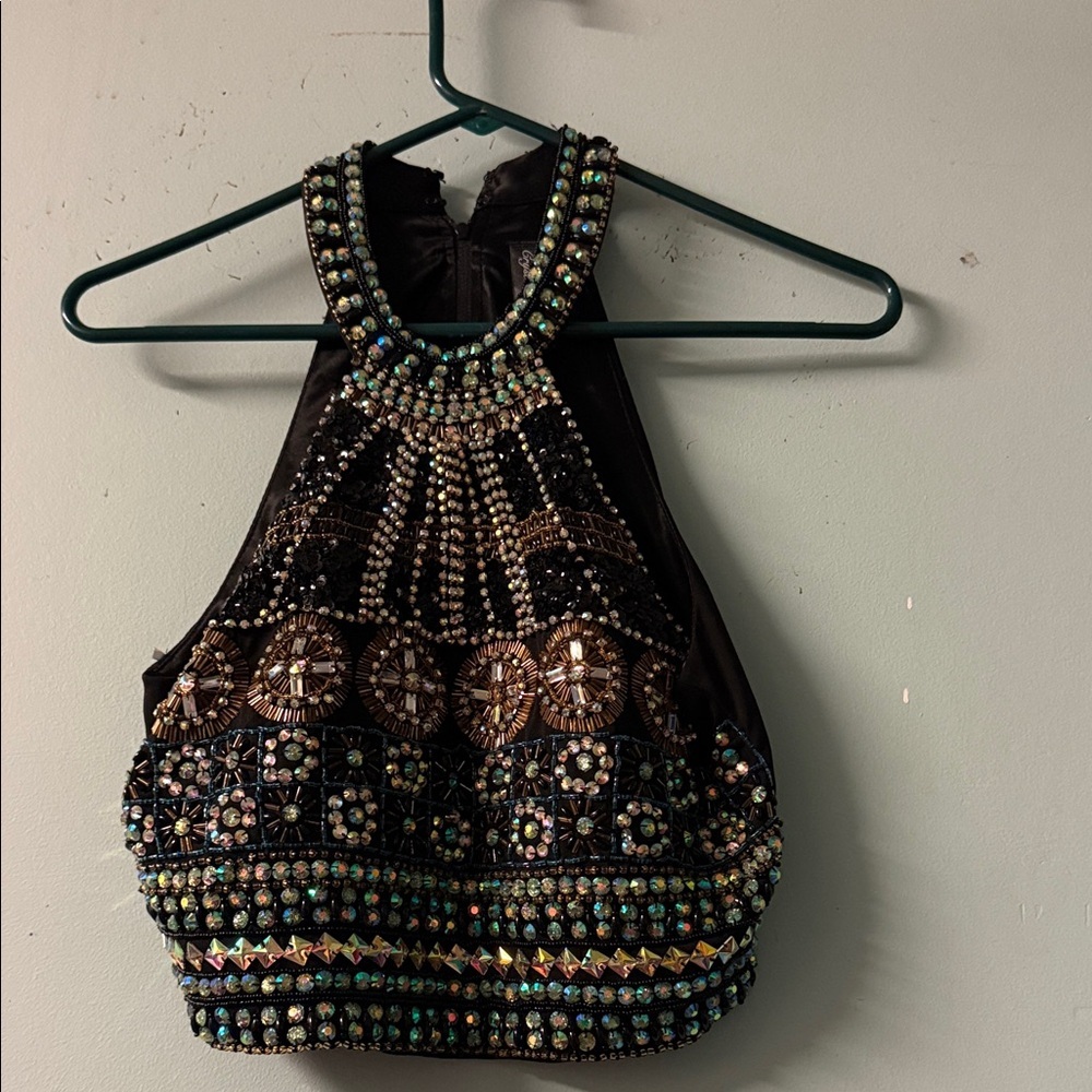 Crystal Doll Black Embellished Halter Crop Top